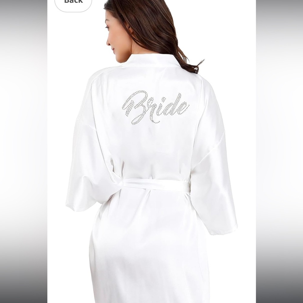 Women's One Size Silver Rhinestones Bride Short Satin Robes for Getting Ready